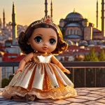 **Prompt 1:** LOL Surprise doll, limited edition, shimmering dress, Istanbul skyline backdrop, golden hour lighting.
