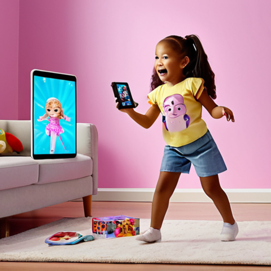An amazed child, around 8-10 years old, holding a physical L.O.L. Surprise! doll. A smartphone or tablet is held in front, its screen displaying the L.O.L. doll magically animated in augmented reality, dancing on a virtual runway within the child's living room. The digital doll is dynamically changing outfits. The image captures the wonder of interactive play, the seamless blend of physical and digital worlds, and the vibrant, joyful atmosphere of a child's play.