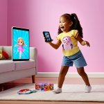 An amazed child, around 8-10 years old, holding a physical L.O.L. Surprise! doll. A smartphone or tablet is held in front, its screen displaying the L.O.L. doll magically animated in augmented reality, dancing on a virtual runway within the child's living room. The digital doll is dynamically changing outfits. The image captures the wonder of interactive play, the seamless blend of physical and digital worlds, and the vibrant, joyful atmosphere of a child's play.