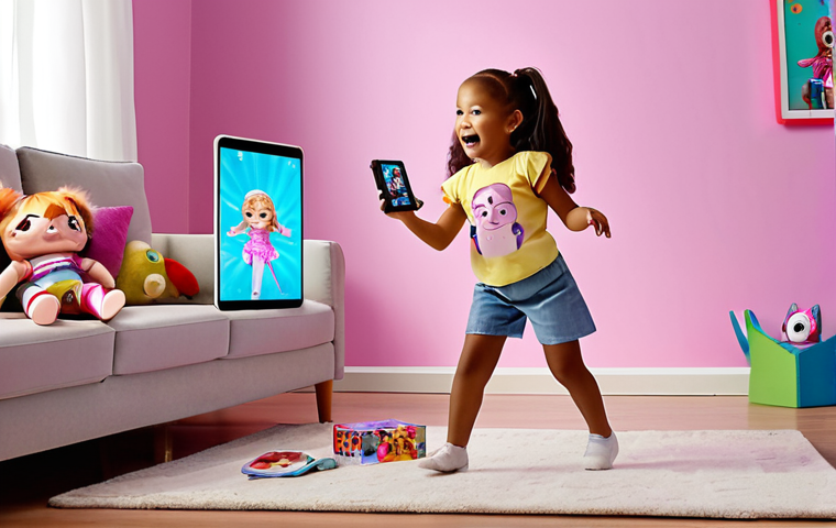 An amazed child, around 8-10 years old, holding a physical L.O.L. Surprise! doll. A smartphone or tablet is held in front, its screen displaying the L.O.L. doll magically animated in augmented reality, dancing on a virtual runway within the child's living room. The digital doll is dynamically changing outfits. The image captures the wonder of interactive play, the seamless blend of physical and digital worlds, and the vibrant, joyful atmosphere of a child's play.