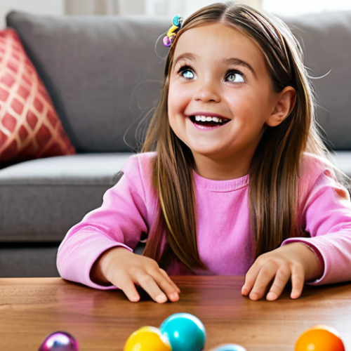 A young child, fully clothed in modest, age-appropriate attire, sitting at a low table in a bright, family-friendly living room. The child's eyes are wide with excitement and curiosity as they carefully open the final layer of an L.O.L. Surprise! toy ball, revealing a small, colorful doll inside. Small accessories are scattered on the table, indicating previous layers. The scene captures pure joy and discovery. Professional photography, high quality, vibrant colors, soft lighting, perfect anatomy, correct proportions, natural pose, well-formed hands, proper finger count, natural body proportions, safe for work, appropriate content, fully clothed, family-friendly.