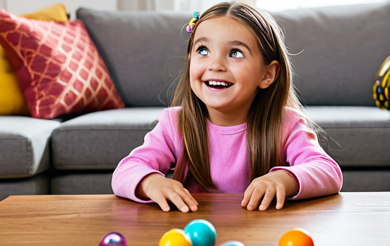 A young child, fully clothed in modest, age-appropriate attire, sitting at a low table in a bright, family-friendly living room. The child's eyes are wide with excitement and curiosity as they carefully open the final layer of an L.O.L. Surprise! toy ball, revealing a small, colorful doll inside. Small accessories are scattered on the table, indicating previous layers. The scene captures pure joy and discovery. Professional photography, high quality, vibrant colors, soft lighting, perfect anatomy, correct proportions, natural pose, well-formed hands, proper finger count, natural body proportions, safe for work, appropriate content, fully clothed, family-friendly.