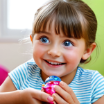 A young child, approximately 7 years old, with bright, sparkling eyes, is captured in a moment of pure joy and anticipation as she unboxes a multi-layered surprise toy. She is carefully peeling back a vibrant layer, revealing a glimpse of a small, colorful doll figure. The child is fully clothed in a modest, family-friendly outfit, her expression filled with wonder and curiosity. The setting is a bright, clean, and modern playroom, with soft natural light streaming in. The image is a close-up, focusing on the child's hands and face, with a shallow depth of field. Professional photography, high detail, vibrant colors, perfect anatomy, correct proportions, natural pose, well-formed hands, proper finger count, natural body proportions, safe for work, appropriate content, fully clothed, modest, family-friendly.