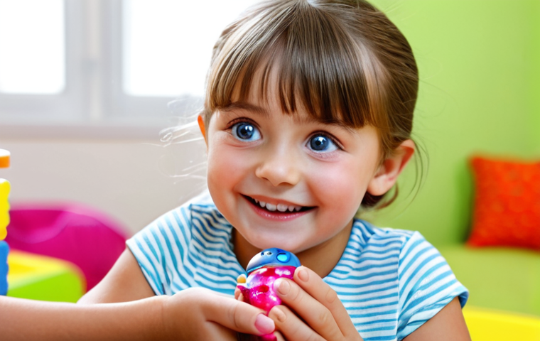 A young child, approximately 7 years old, with bright, sparkling eyes, is captured in a moment of pure joy and anticipation as she unboxes a multi-layered surprise toy. She is carefully peeling back a vibrant layer, revealing a glimpse of a small, colorful doll figure. The child is fully clothed in a modest, family-friendly outfit, her expression filled with wonder and curiosity. The setting is a bright, clean, and modern playroom, with soft natural light streaming in. The image is a close-up, focusing on the child's hands and face, with a shallow depth of field. Professional photography, high detail, vibrant colors, perfect anatomy, correct proportions, natural pose, well-formed hands, proper finger count, natural body proportions, safe for work, appropriate content, fully clothed, modest, family-friendly.
