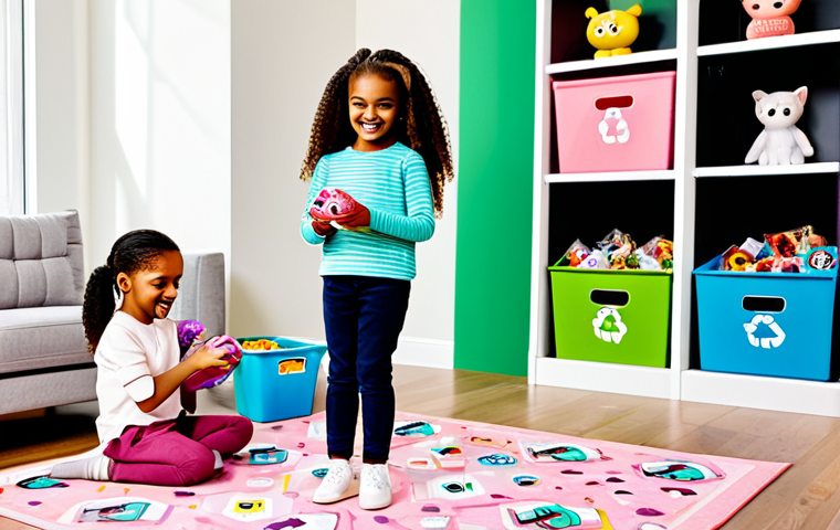 **
A group of fully clothed children happily playing with LOL Surprise dolls in a bright, modern playroom. The room features shelves with organized toy collections and recycling bins. The packaging is designed with visible recycling symbols and eco-friendly branding. Family-friendly, appropriate content, safe for work, perfect anatomy, natural proportions, high quality, professional illustration, modest clothing.
**